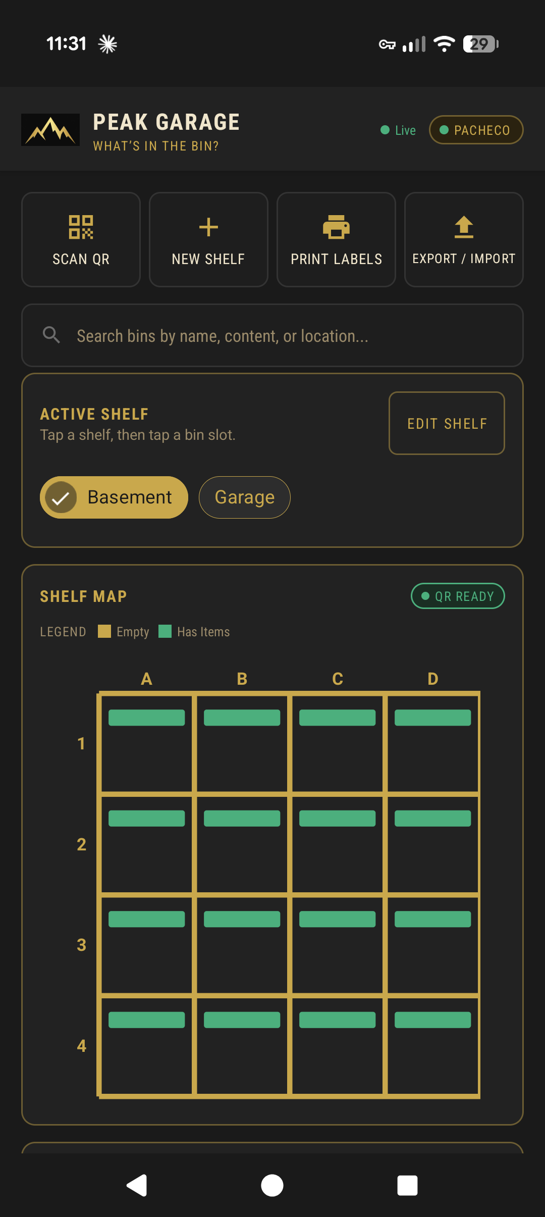 What's in the Bin app — shelf map home screen